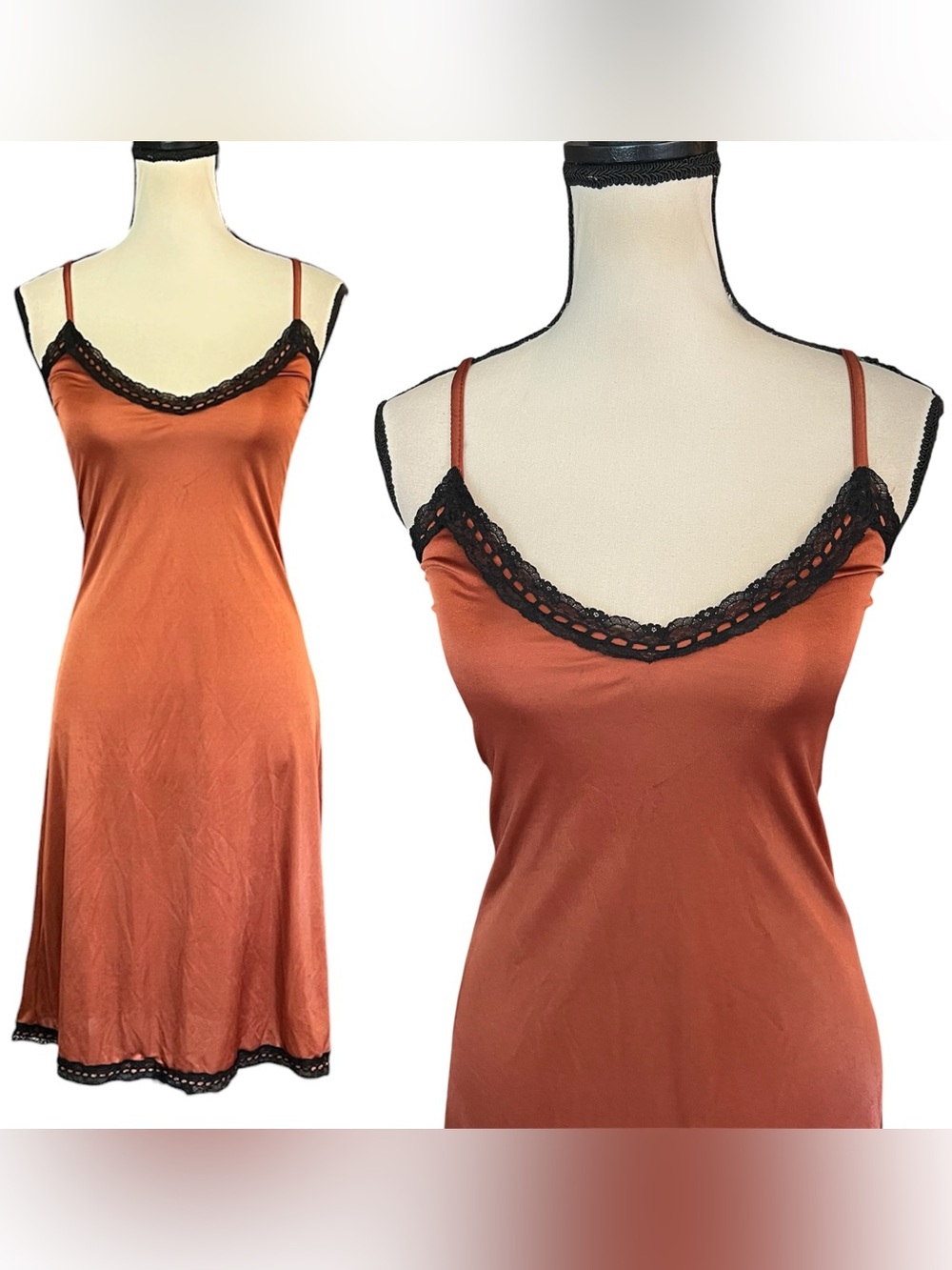 Vintage 90s Betsey Johnson Brown Orange & Black Sheer Lace Grunge Slip Dress